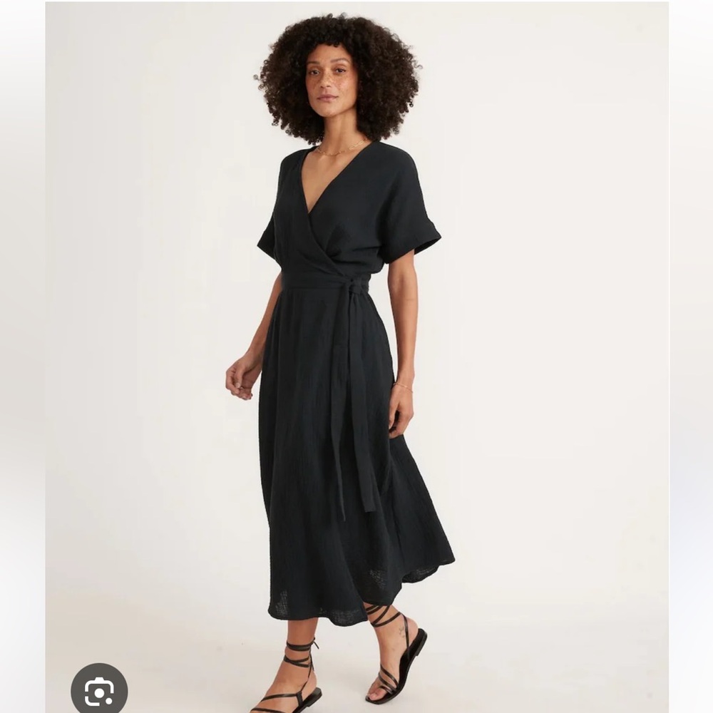 Marine Layer Valencia Wrap Cotton Gauze Black Midi Dress Minimal Contemporary